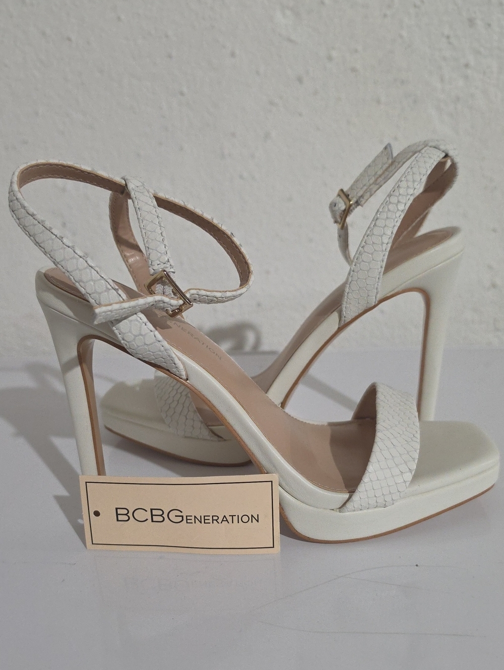 BCBGeneration Caroline White Snake-Embossed Stiletto Sandals Sz 6